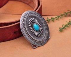 Vintage Silver Southeast Tribal Flower Pattern Turquoise Belt Buckle Huge