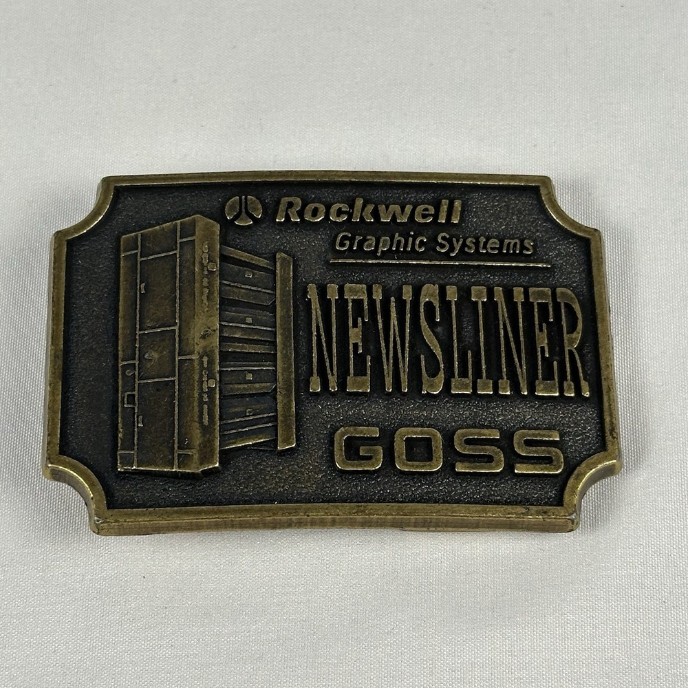 Vintage Rockwell Graphic Systems Newsliner Goss Belt Buckle Brass Industrial