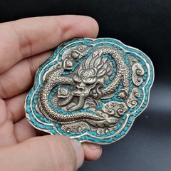 AA BIG MEN&rsquo;S VINTAGE Natural Turquoise Metal Silver Gild Engrave Dragon Belt