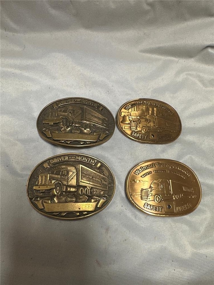 Four Vintage Truck Driver Award Belt Buckles, Walmart and Tyson&rsquo;s Foods