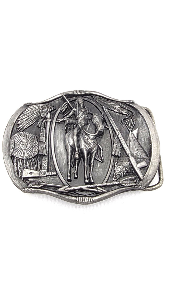 Vintage 1984 Bergamot Brass Works Native American Horse Rider Belt Buckle