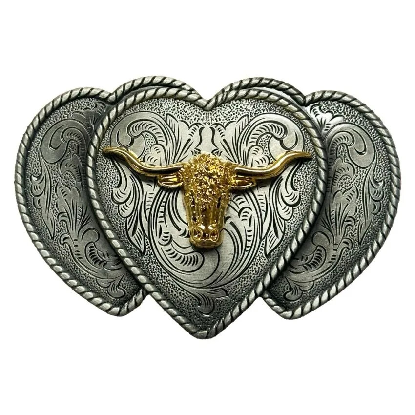 Western Gold Bull Skull in 3 Hearts Belt Buckle Cowboy Cowgirl Rodeo All Metal