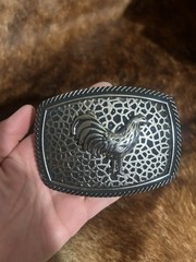 Western Rooster Belt Buckle Silver/Black Tone Metal Antique Finish 1.5in Fit