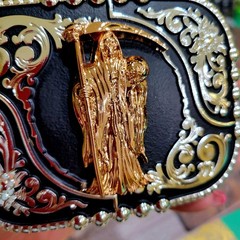 Santa Muerte belt Buckle Grim Reaper Rose Tone Silver Heavy Black Zinc Alloy