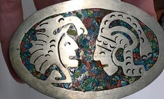 Vintage Mexico Color Stone Inlay Aztec Warrior Inca Mayan Silver Belt Buckle