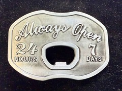 Always Open 24 / 7 Belt Buckle and Bottle Opener – Perfect Bar Pickup Line!