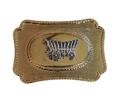 Vintage Two Tone Western Covered Wagon Belt Buckle Gold Silver Tone 1970s