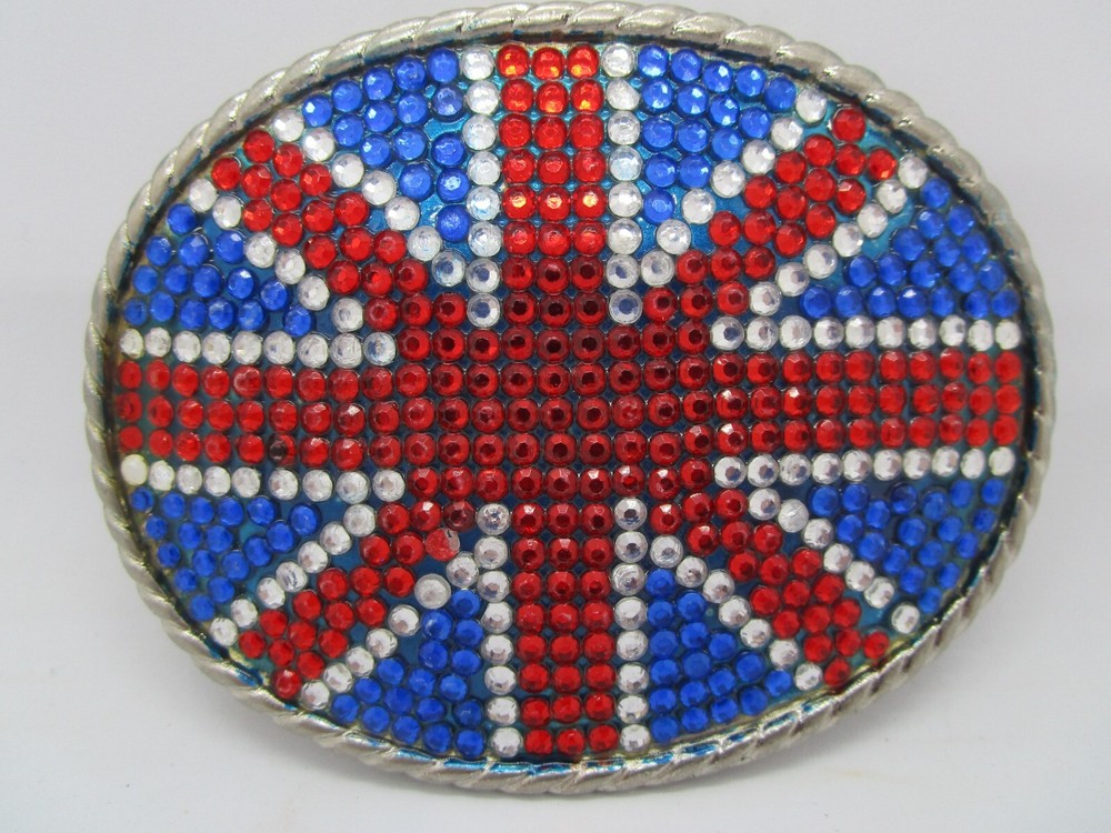 Unisex Belt Buckle  Made of Blue Red and White.Rhinestones Will fit most belts.