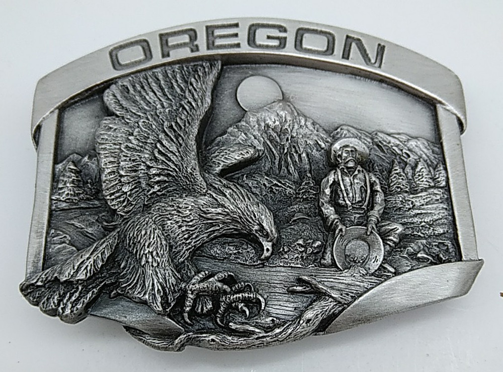 Vintage 1984 Oregon Trail Siskiyou Belt Buckle Pewter Gold Rush w/Eagle DETAILED