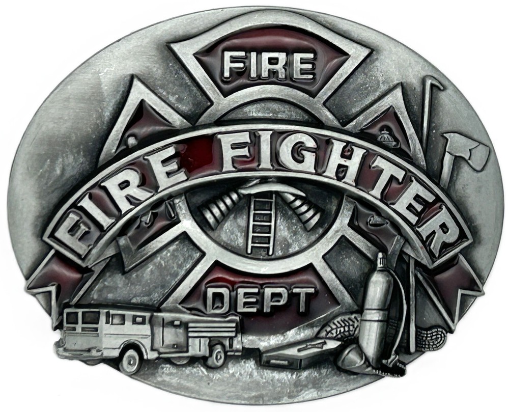 Fire Dept. Fire Fighter Rescue Truck Red Enameled Belt Buckle New