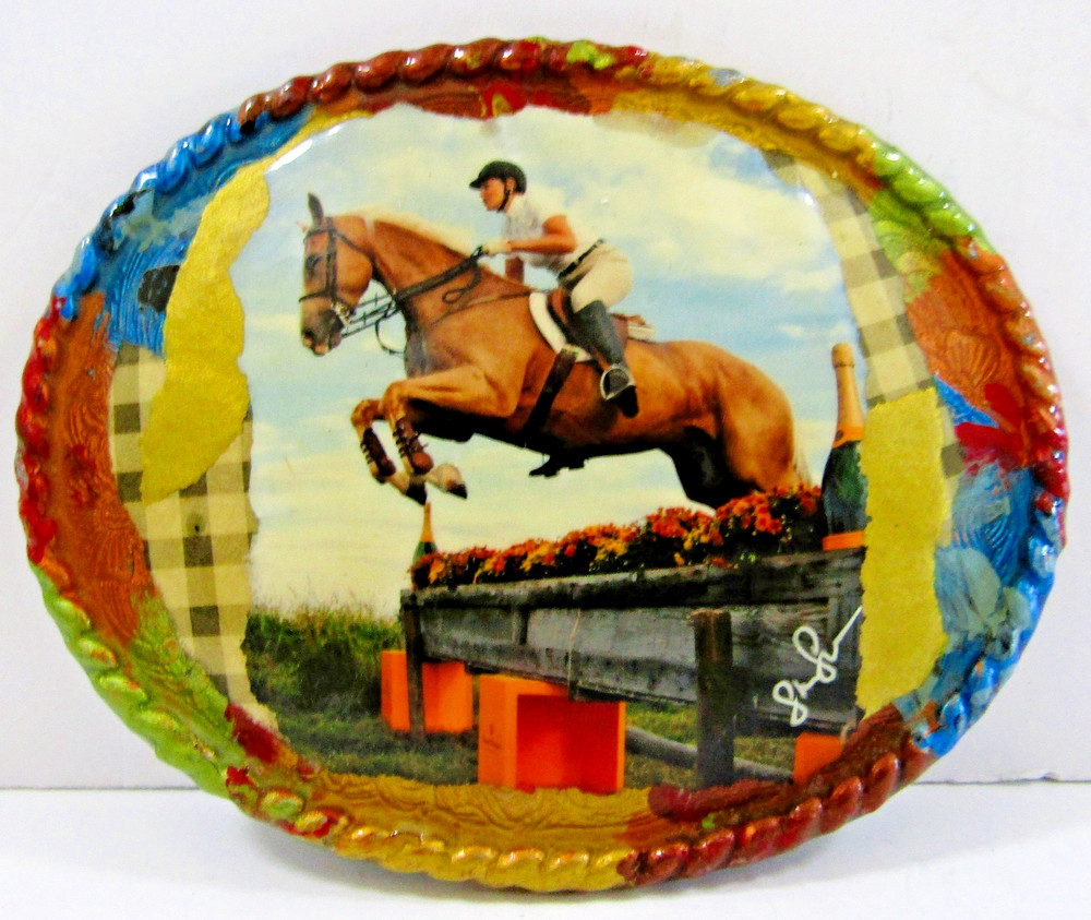 Equestrian Hand Painted Signed Horse Jumping Steeplechase Twisted Rope Border