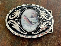 Vintage Silver Fish Belt Buckle Fisherman Gift Western Style Resin Snap On