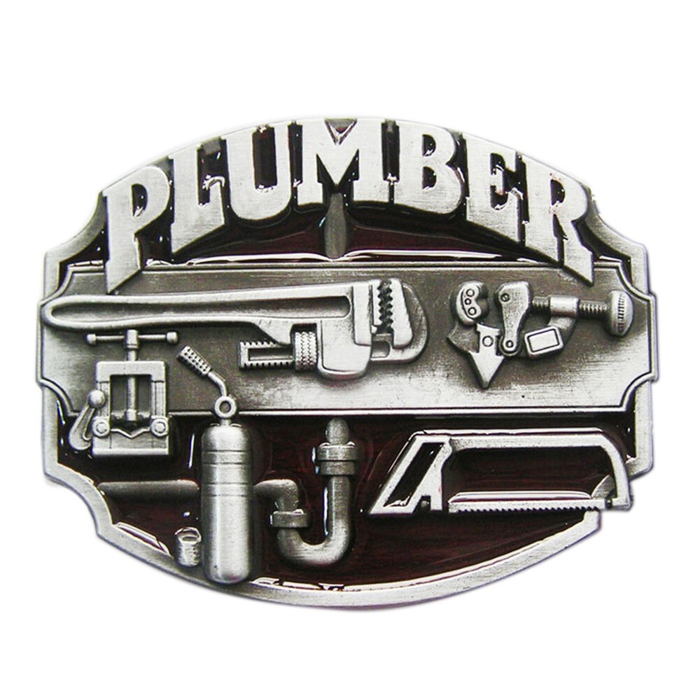 Plumber Tradesman Red Enamel Metal Belt Buckle