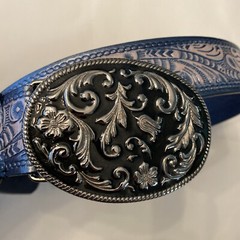 Western Cowgirl Flower Pattern Metal Belt Buckle With Silver/blue Flower M Belt