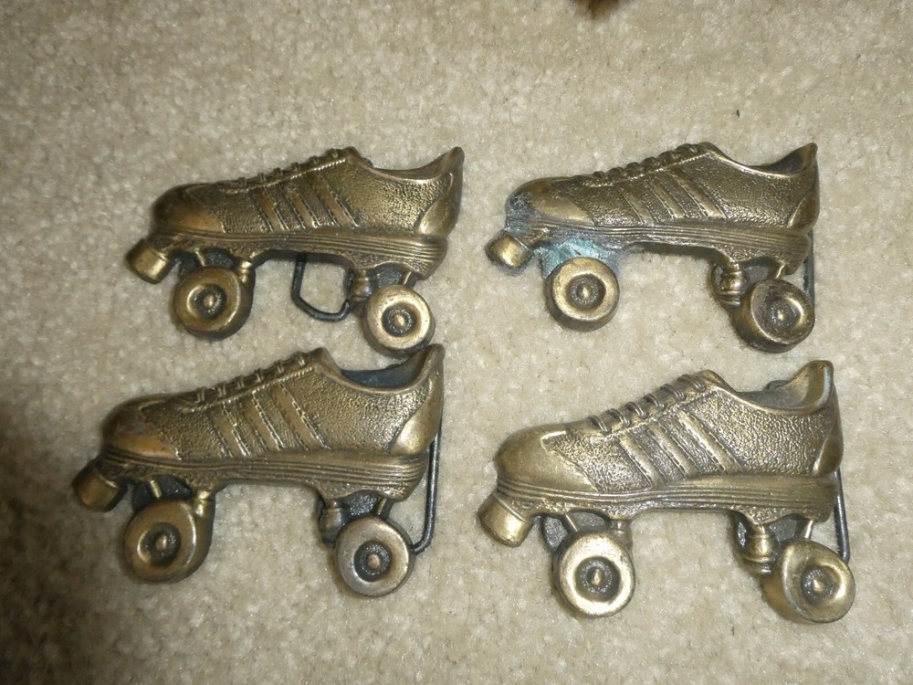 Lot of 4 Vintage Brass Roller Skate Belt Buckles 3 1/2&Prime; Wide