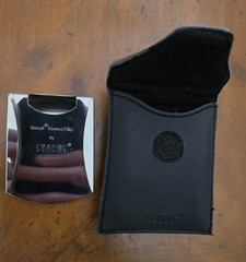 Torus Minimalist Smart Money Clip, Silver Metal w/ Black Leather Pouch, Logo