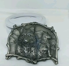 Vtg. Great American Products Pewter 3 Wolves Belt Buckle. Intricate. Heavy