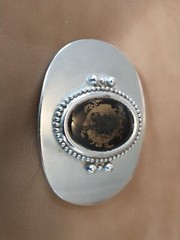 +Ornate Silver Belt Buckle w/Black & Brown Stone+