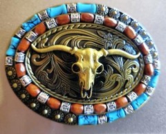 BULL HEAD SKULL INDIAN SW COWBOY RODEO MULTICOLOR BROZE BELT BUCKLE