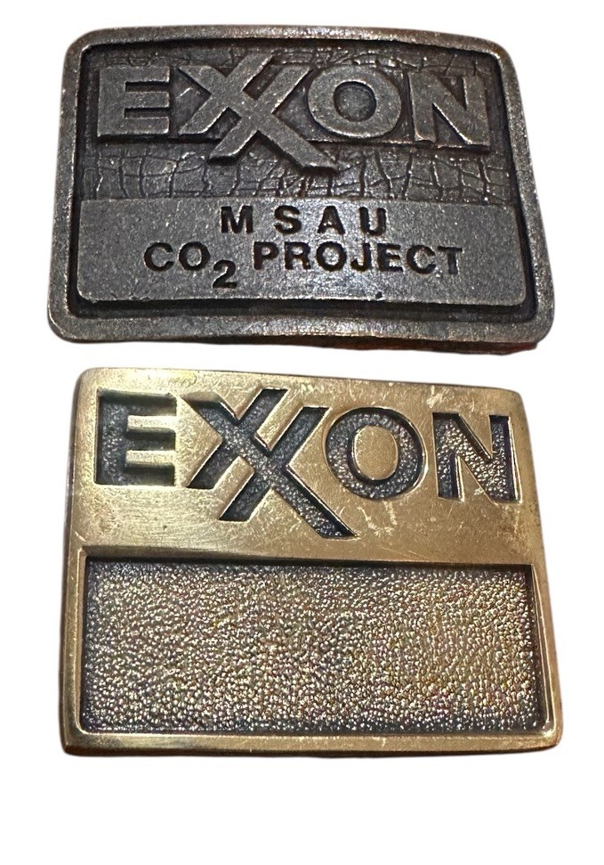 Set of Two Vintage 1978 1980 Exxon Brass Belt Buckles Made in USA