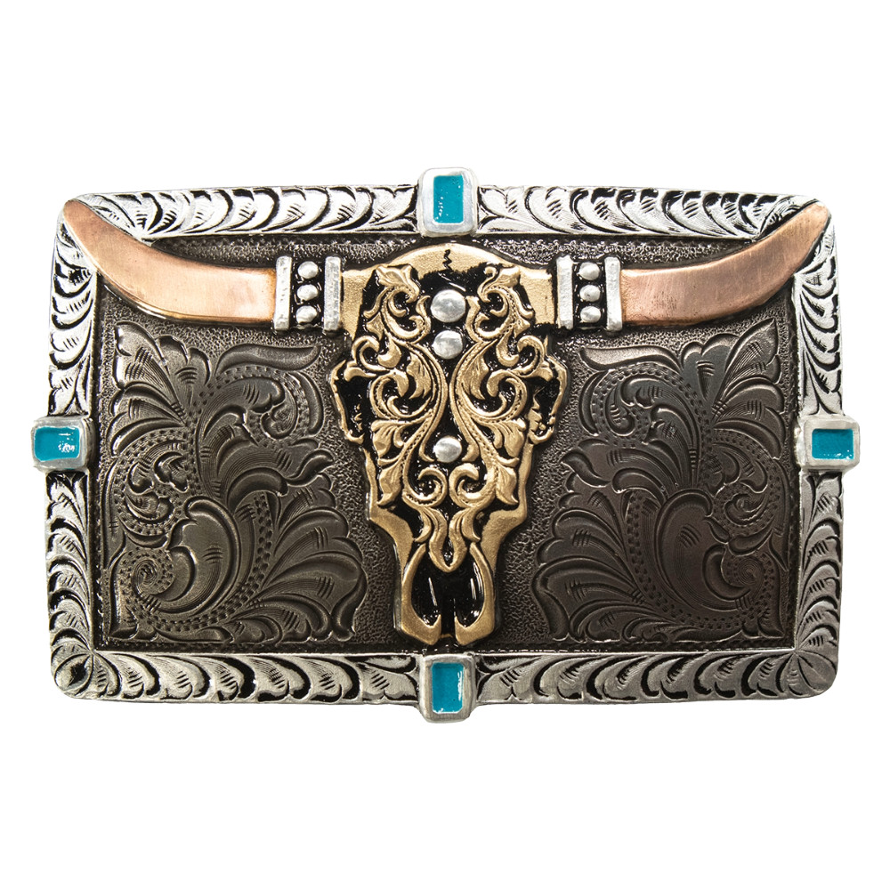 Crumrine Men&rsquo;s Rectangle Turquoise Cow Skull Belt Buckle C10012