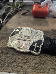 Montana Silversmiths Buckle Horse & Cross With Ostrich Black Jack Belt Sz 34