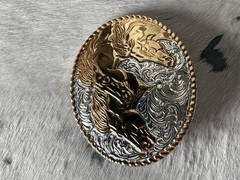 Crumrine Belt Buckle 3.75 x 3 in Horse Trio Oval Silver Engraved Gold 1.75