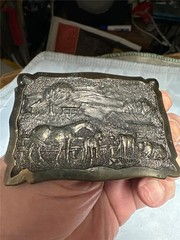 Vintage 1977 Chevron Chemical Company Brass Belt Buckle Wyoming Studilo Artworks