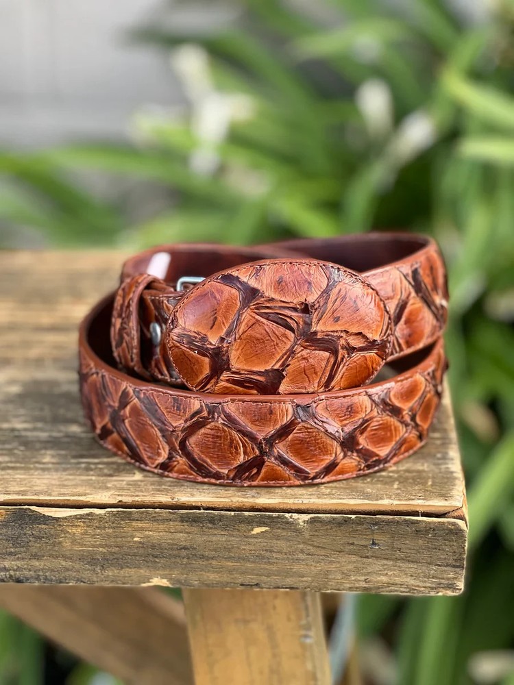 Genuine Exotic Pirarucu Monster Fish Western Belt with Removable Buckle – Honey