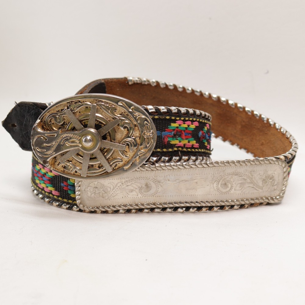 Vtg Rotating Spur Belt Buckle Tribal Embroidered Black Silver Tone Whipstitch
