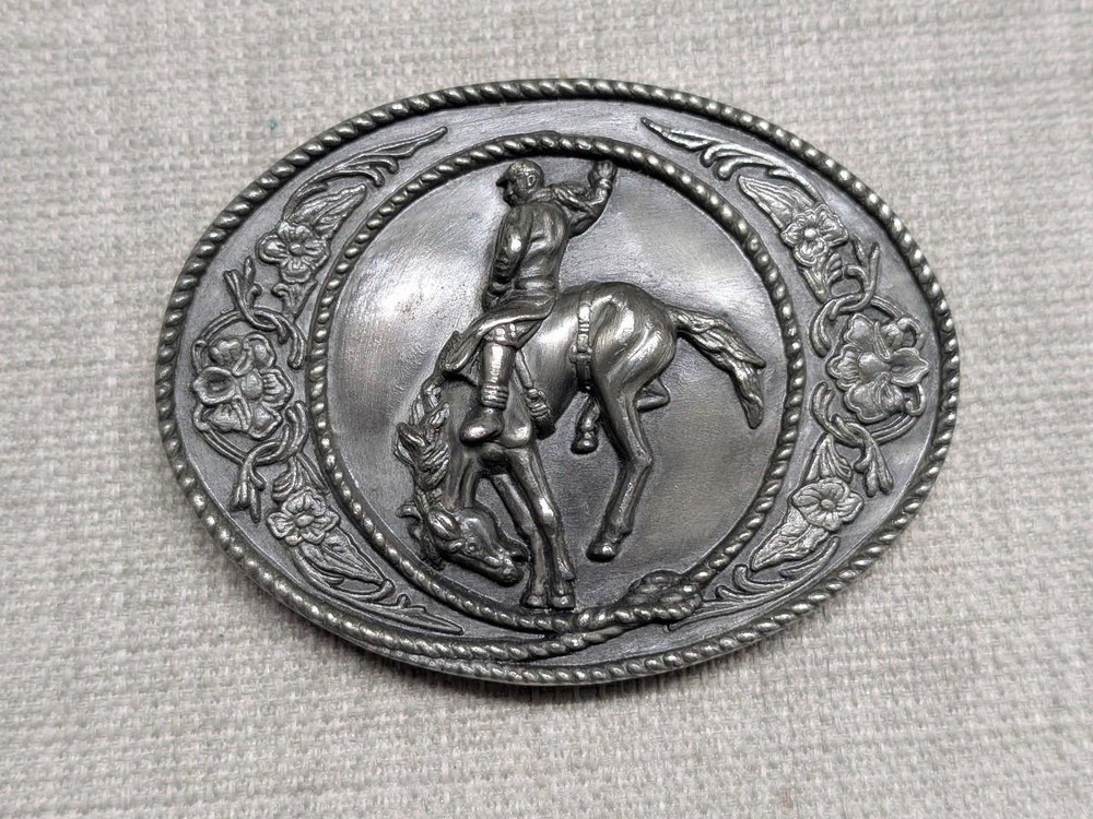 vintage RODEO belt buckle BUCKIN BRONCO cowboy WESTERN pewter brass