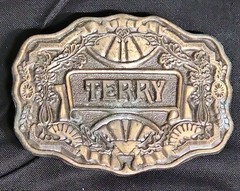 VTG Belt Buckle TERRY Brass Patina Boho Cowboy Large 3&Prime; Rustic OdenUSA Dad Gift