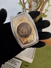 Silver Gold Color REAL 1923 Peace Silver Dollar Rectangle Frame Belt Buckle