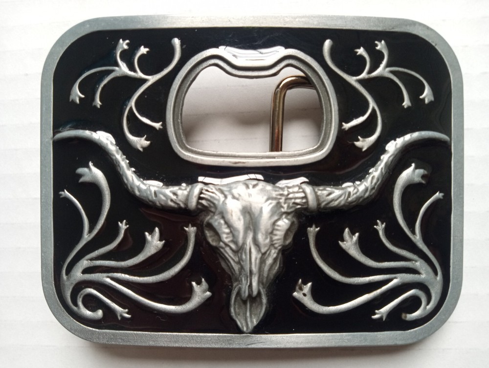Metal Belt Buckle Long Horn Steer Bottle Opener Black Silver Tone Western Cowboy