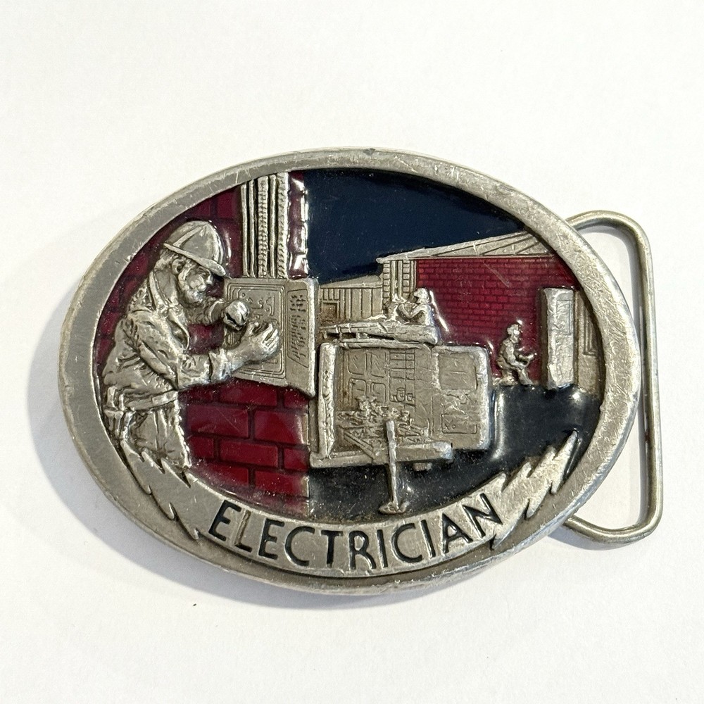 C & J Belt Buckle Electrician Silver Red Blue Tone Oval Electric Work Men’s