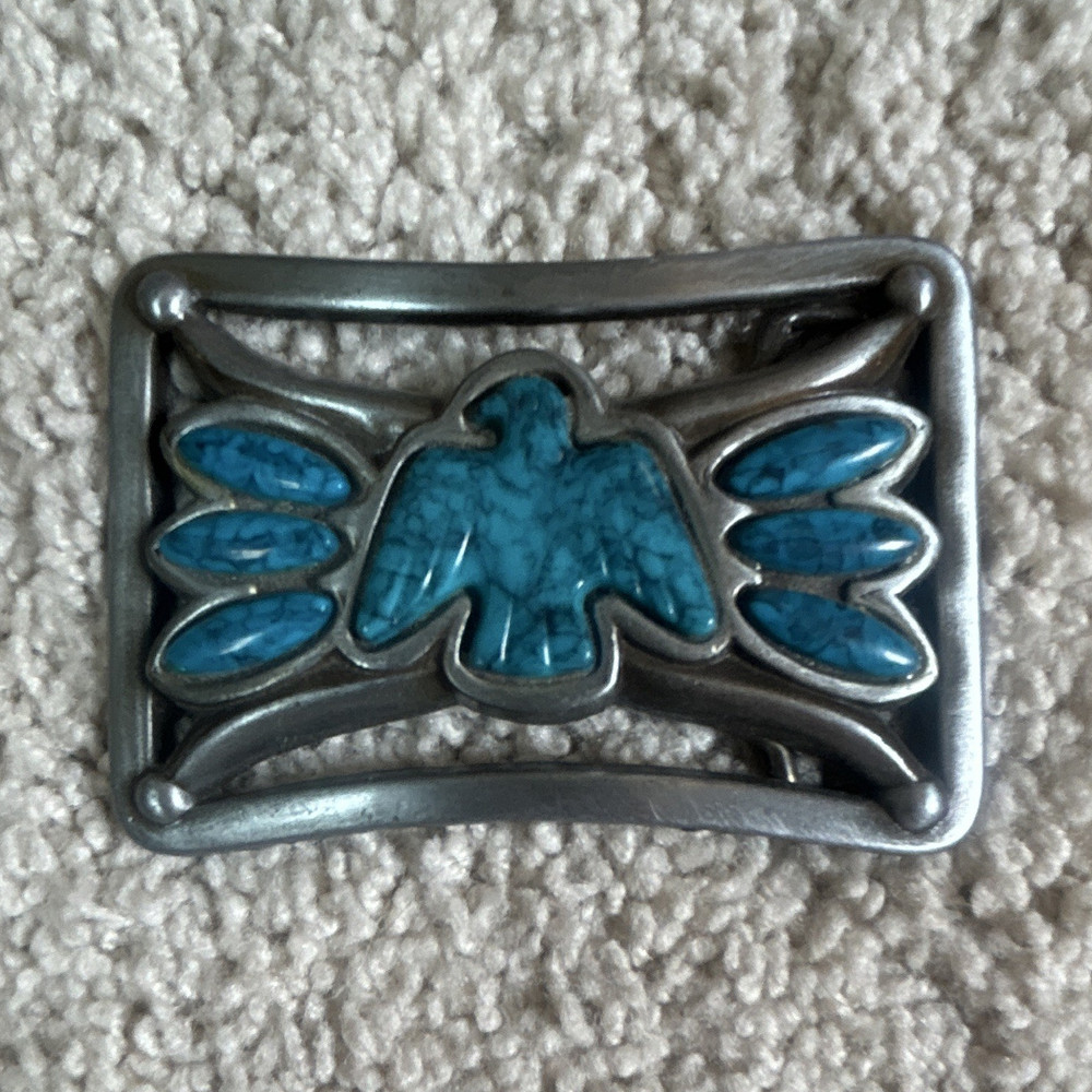 Silver Tone Blue Stone Thunderbird Western Rectangular Belt Buckle 1.5 in