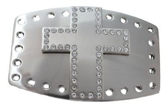 Men’s Dress Western Belt Buckle Silver Cross Rhinestone Wedding Church Formal