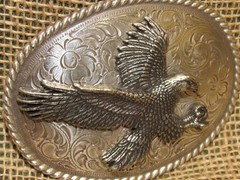 Western / Cowboy Belt Buckle ~ Oval Engraved w/ 3-D Flying Eagle ~ Silver Color