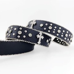 Women&rsquo;s Black Cross Rhinestone Western Motorcycle Bling Leather Belt