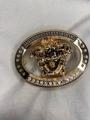 Gold Medusa Head Belt Buckle Black Greek Key Crystal Oval