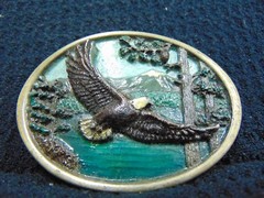 EAGLE IN FLIGHT MOUNTAIN ENAMELED PEWTER CJ1022 3&Prime; X 2 1/2&Prime; MADE IN USA
