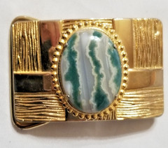 VTG Western Belt Buckle Gold Tone w/ Polished Banded Agate Stone 1.5&Prime; Belt