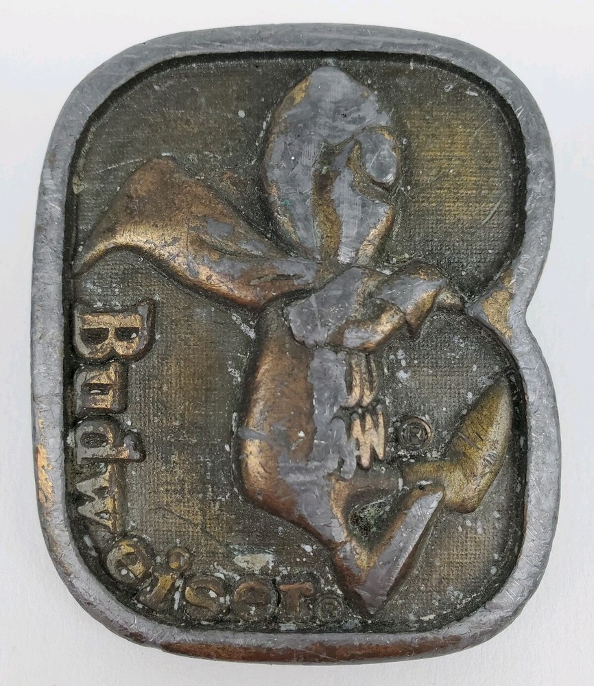 Vintage Budweiser Beer Budman Distressed Brass Tone Metal Belt Buckle 1976