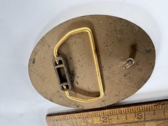 Vintage Kaiser Aluminum Belt Buckle Mens Gold Tri Plant Excellence Logo Safety
