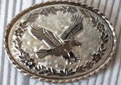 Vintage American Flying Eagle Oval Belt Buckle Etched Leaf USA Made Silver Tone