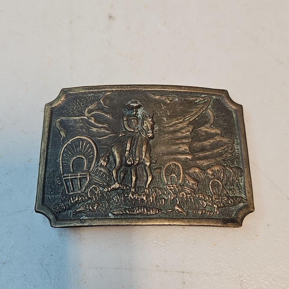 Vintage Western Belt Buckle Pioneers Wagon Train Trail Cowboy Horse