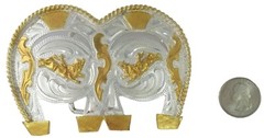 GOLDEN COWBOY BULL DOUBLE HORSESHOE METAL BELT BUCKLE COWBOY & WESTERN #201