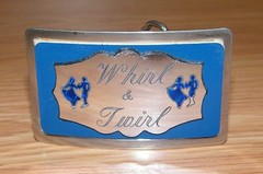 Vintage 3&Prime; x 2&Prime; Inch « Whirl & Twirl » Blue & Silver Metal Belt Buckle Made In USA