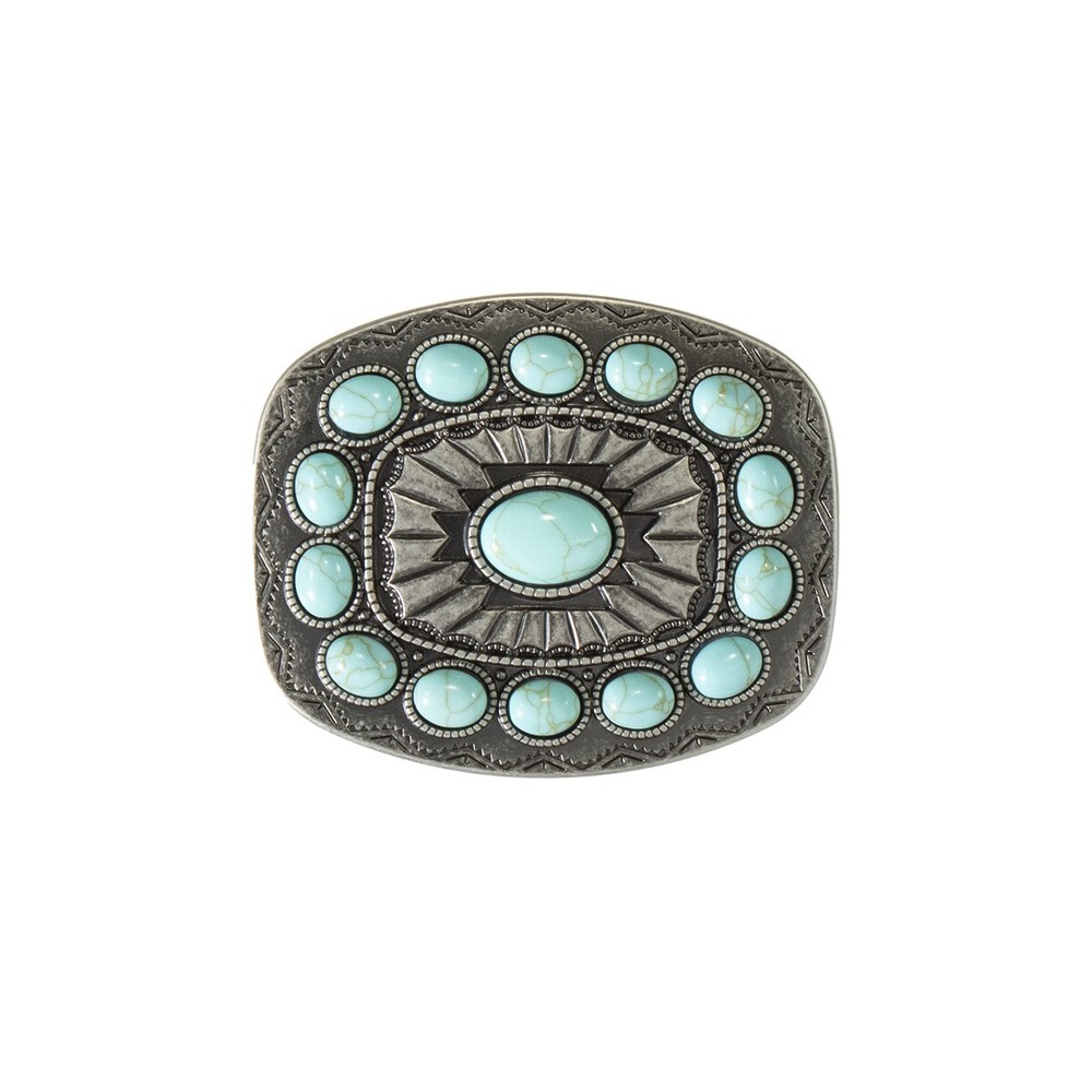 Chunky Turquoise ~ Western Belt Buckle ~ Tribal, « Pewter » look Silver 37903