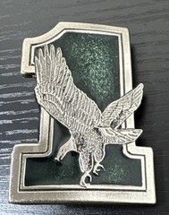 1975 Great American Buckle Co. Eagle On #1 Vtg Belt Buckle Silvertone & Green